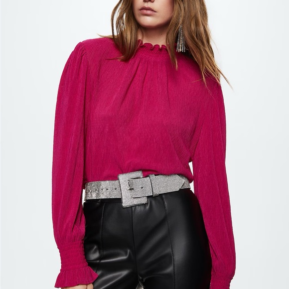 Mango Tops - Mango Textured turtleneck Fuchsia Blouse with Ruffled Neckline
